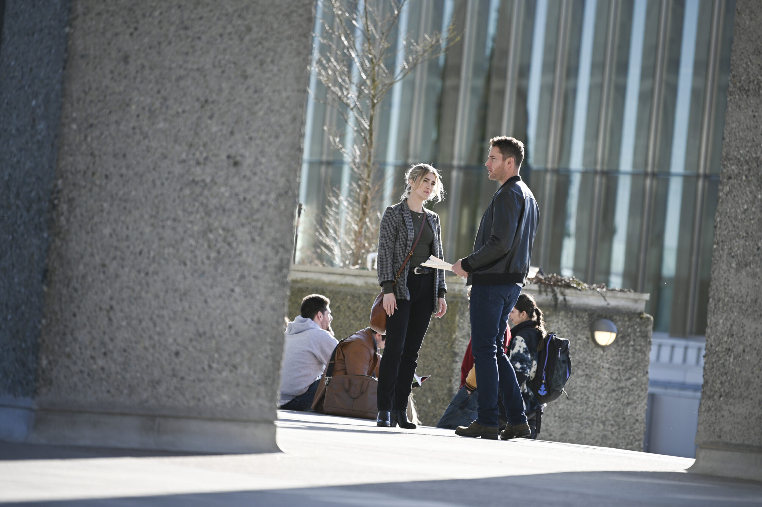 Justin Hartley as Colter and Melissa Roxburgh as Dory - Tracker Season 1 Episode 11 - Beyond the Campus Walls