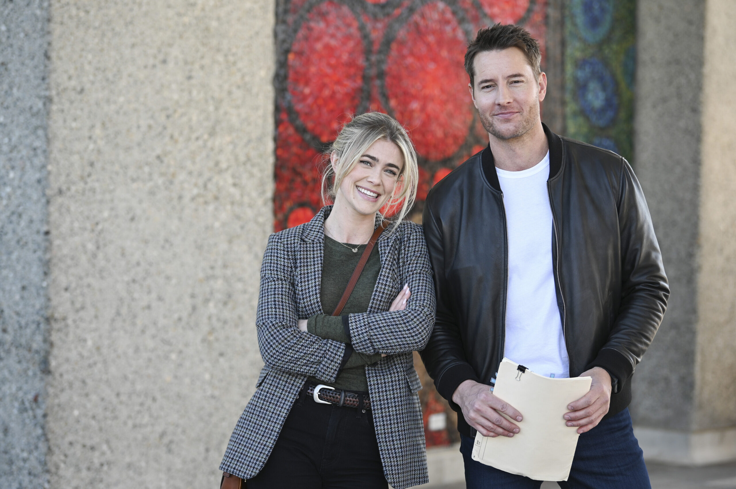Justin Hartley as Colter and Melissa Roxburgh as Dory - Tracker Season 1 Episode 11 - Beyond the Campus Walls