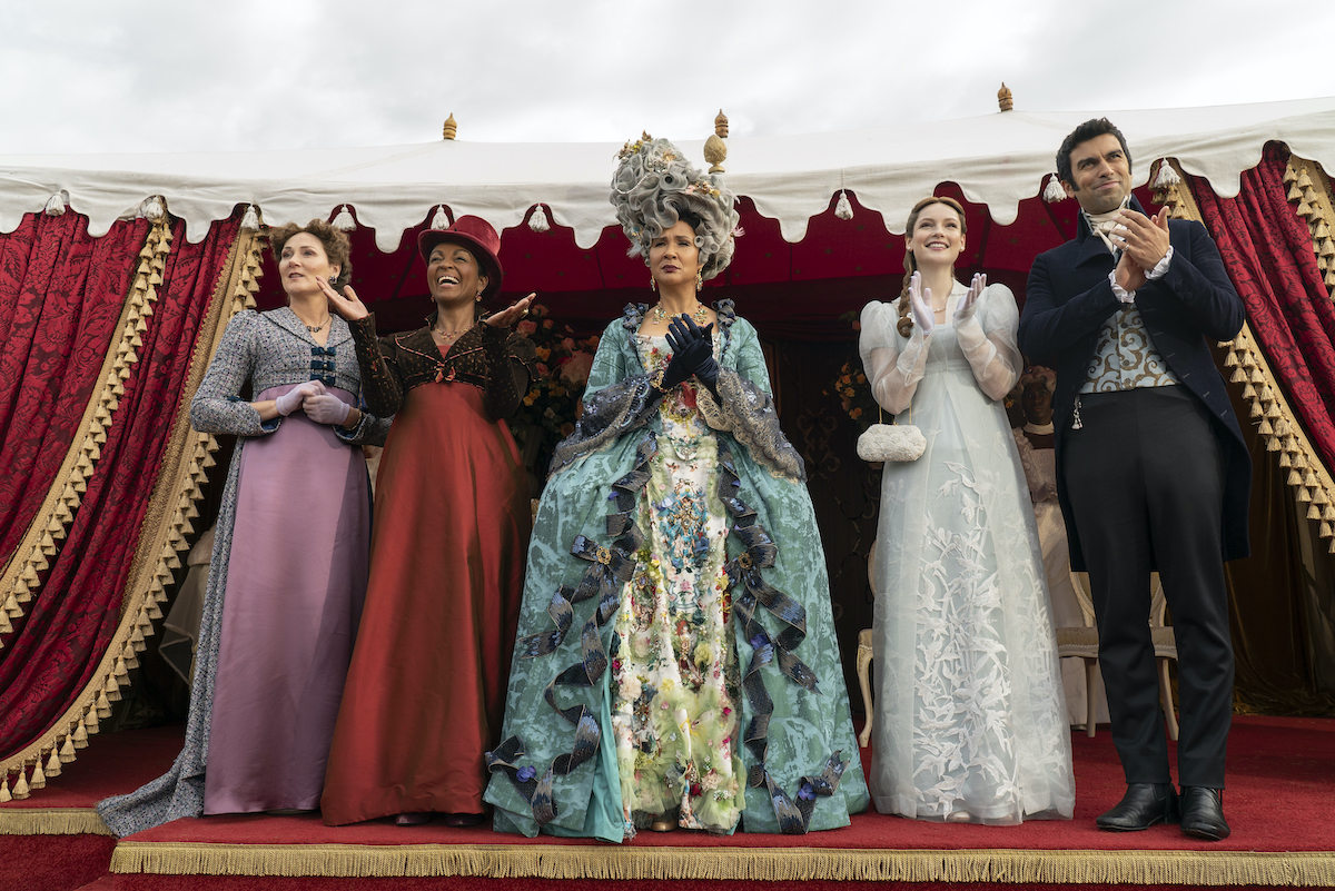 BRIDGERTON Season 3 Episode 3 Ruth Gemmell as Lady Violet Bridgerton, Adjoa Andoh as Lady Agatha Danbury, Golda Rosheuvel as Queen Charlotte, Hannah Dodd as Francesca Bridgerton, David Mumeni as Lord Samadani
