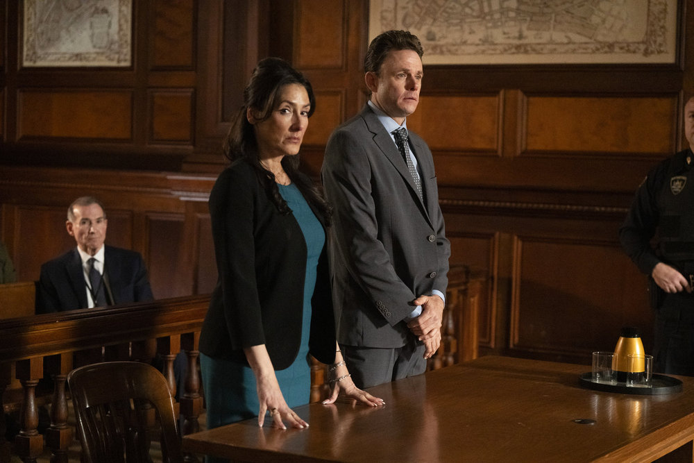 Law & Order - Season 23 | Tell-Tale TV Law & Order Season 23 Episode 11 - Alicia Coppola as Attorney Keller stands next to her client, Bradley Snedeker as Ryan Marley in court.