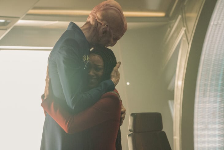Saru and Captain Burnham embrace in the latter's ready room on Star Trek: Discovery Season 5 Episode 10, "Life, Itself."