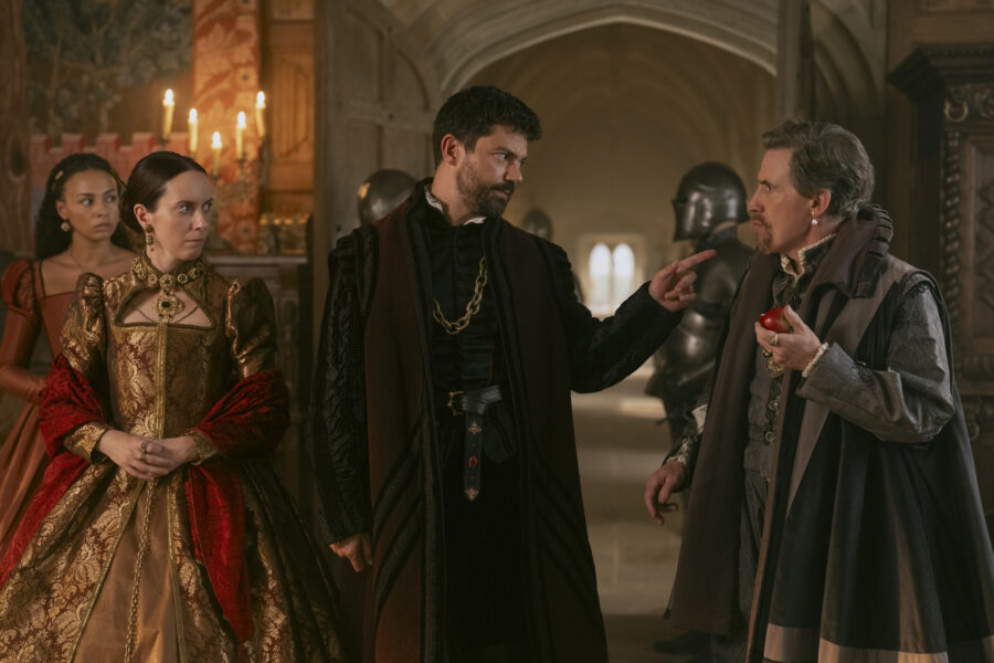 My Lady Jane | Tell-Tale TV Abbie Hern as Bess, Kate O'Flynn as Princess Mary, Dominic Cooper as Lord Seymour and Rob Brydon as Lord Dudley - My Lady Jane