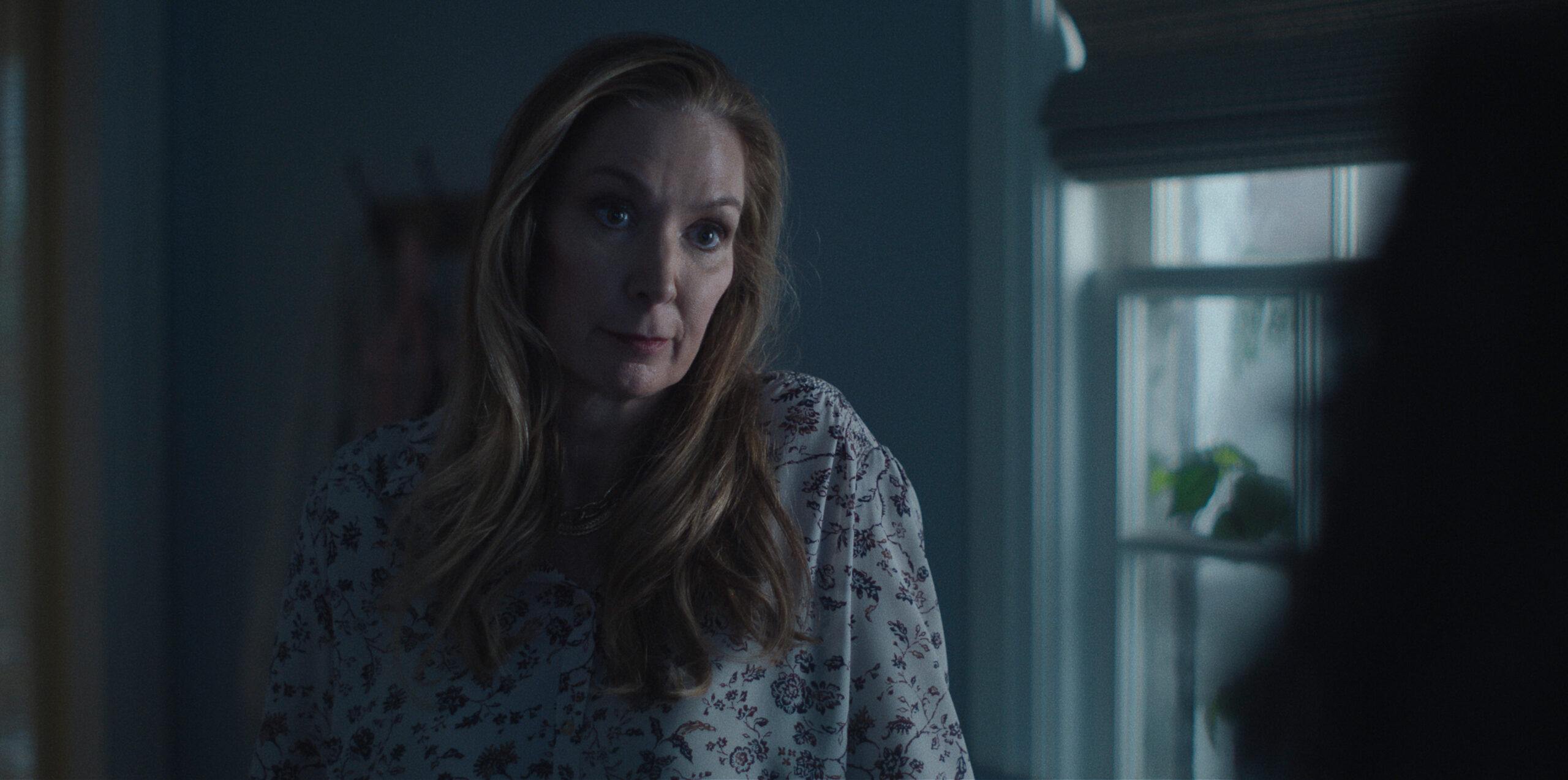 Elizabeth Marvel standing in front of a window.