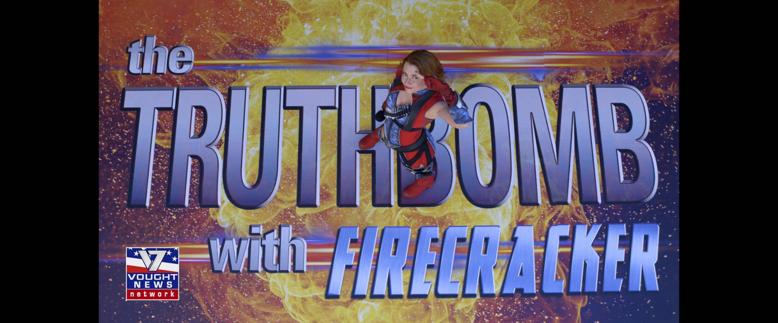 Still from The Boys Season 4 Episode 4 of a screen shot of an editorial title card featuring Valorie Curry as Firecracker that says "The Truthbombs with firecracker.)