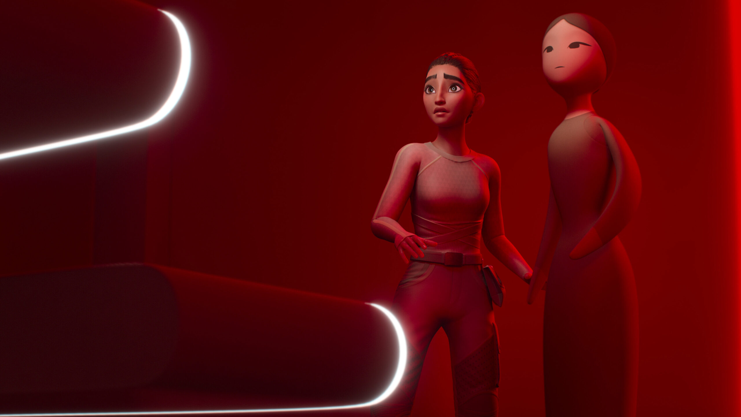 Still from WondLa Season 1 Episode 1 of Eva and Muthr pictured from left to right.