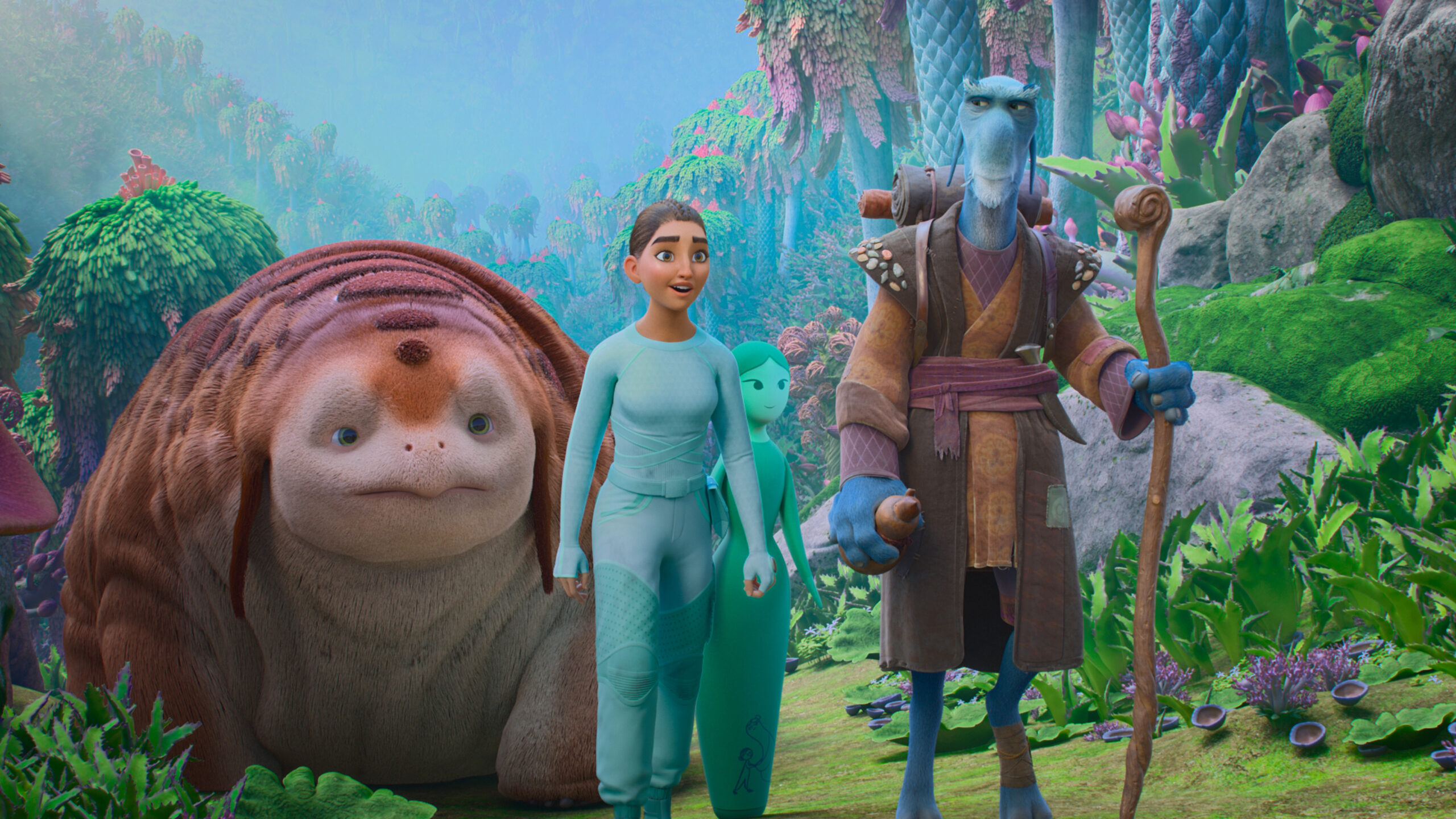 Still from WondLa Season 1 Episode 3 of Otto, Eva, Muthr, and Rovender pictured from left to right.