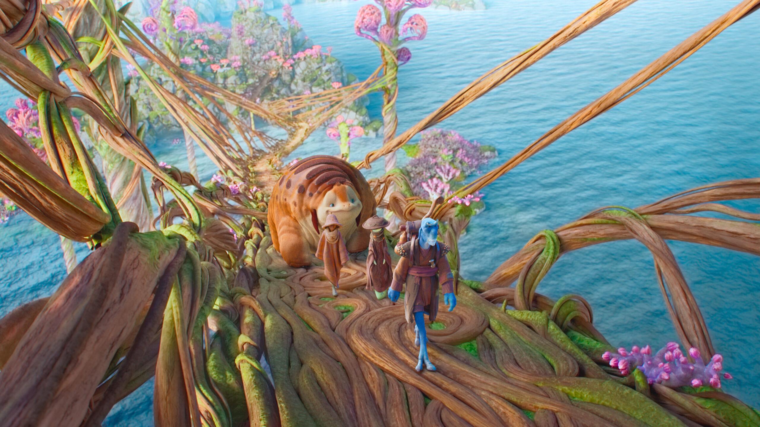 Still from WondLa Season 1 Episode 3 of Otto, Eva, Muthr, and Rovender pictured from left to right.