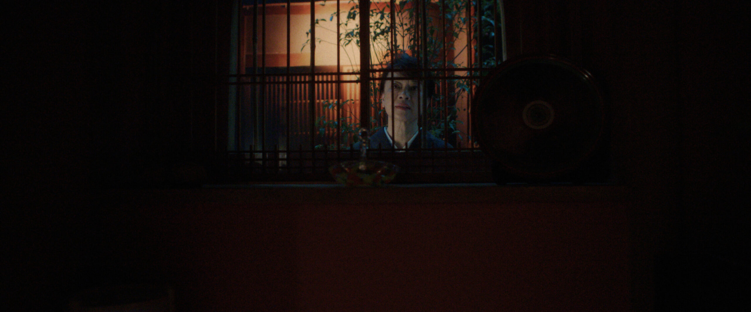 Noriko stands outside at night while looking through a gate on Sunny Season 1 Episode 5, "Joey Sakamoto."
