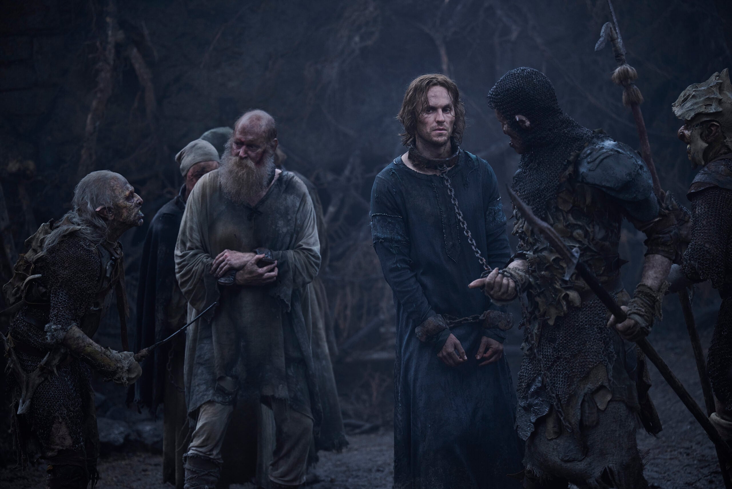 Still from The Lord of the Rings: The Rings of Power Season 2 of Charlie Vickers as Sauron in chains.