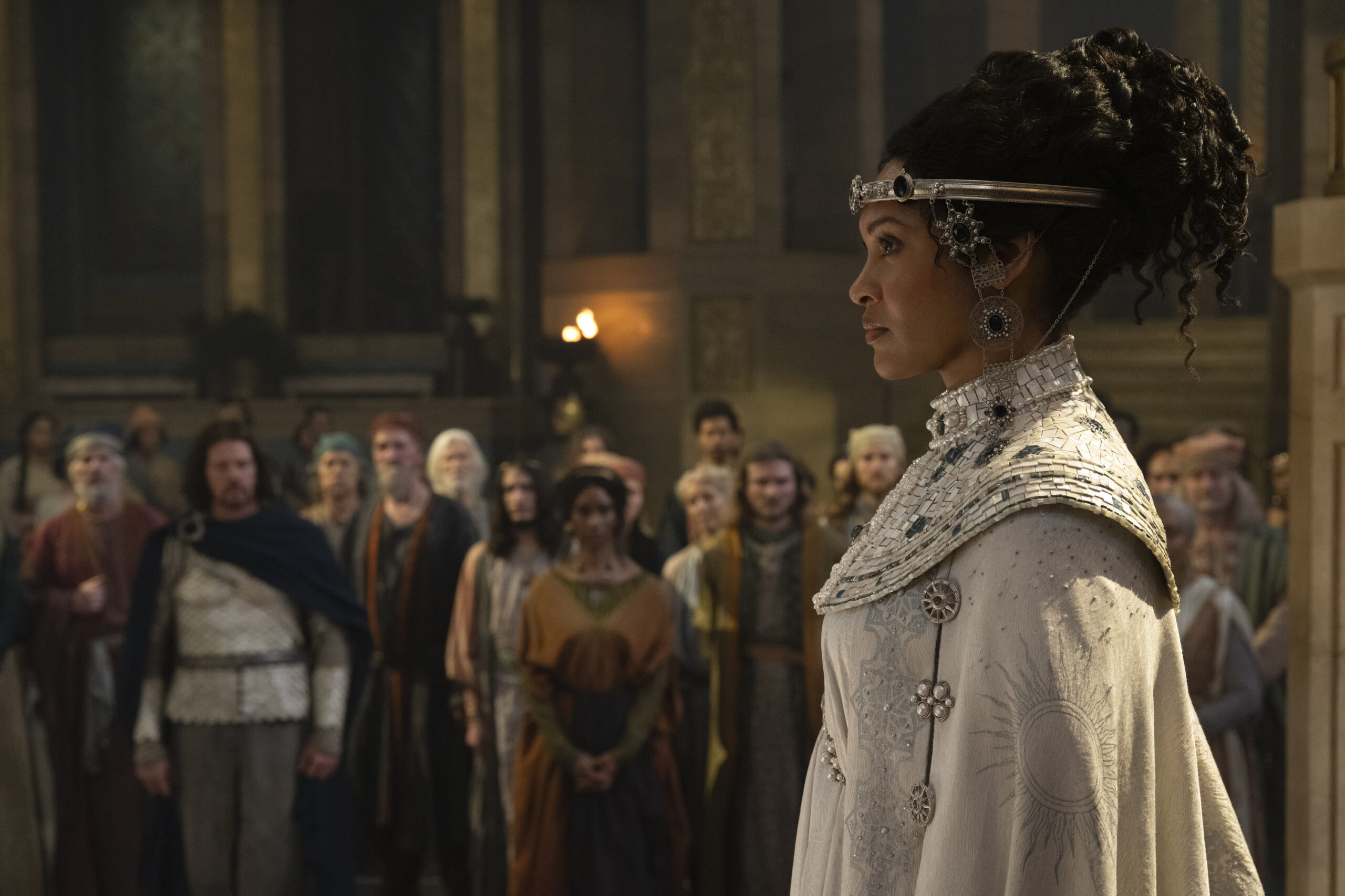The Lord of the Rings: The Rings of Power Season 2 - Cynthia Addai-Robinson | Tell-Tale TV Still from The Lord of the Rings: The Rings of Power Season 2 of Cynthia Addai-Robinson as Queen Regent Míriel.