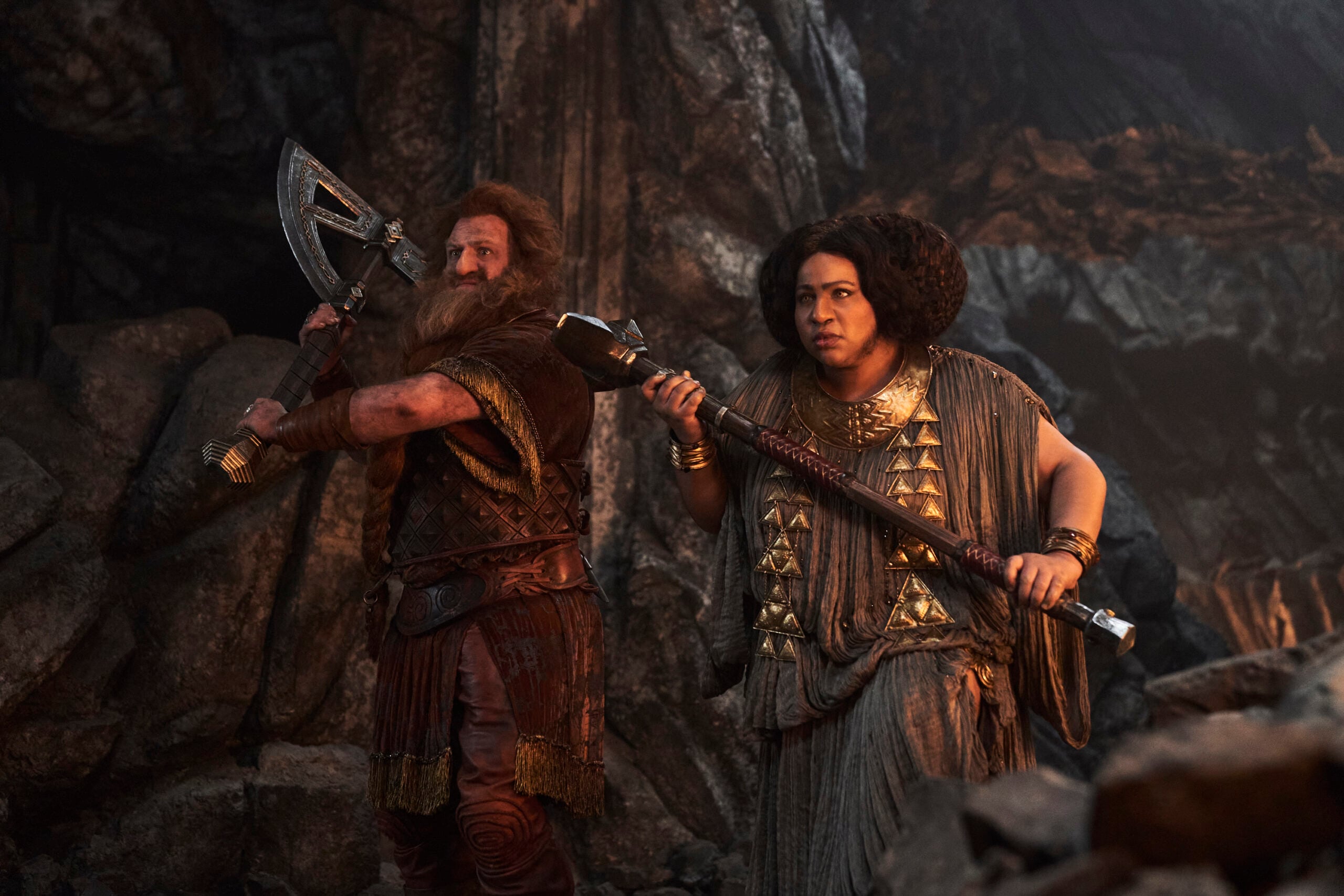 Still from The Lord of the Rings: The Rings of Power Season 2 of Owain Arthur as Prince Durin IV and Sophia Nomvete as Princess Disa pictured from left to right.