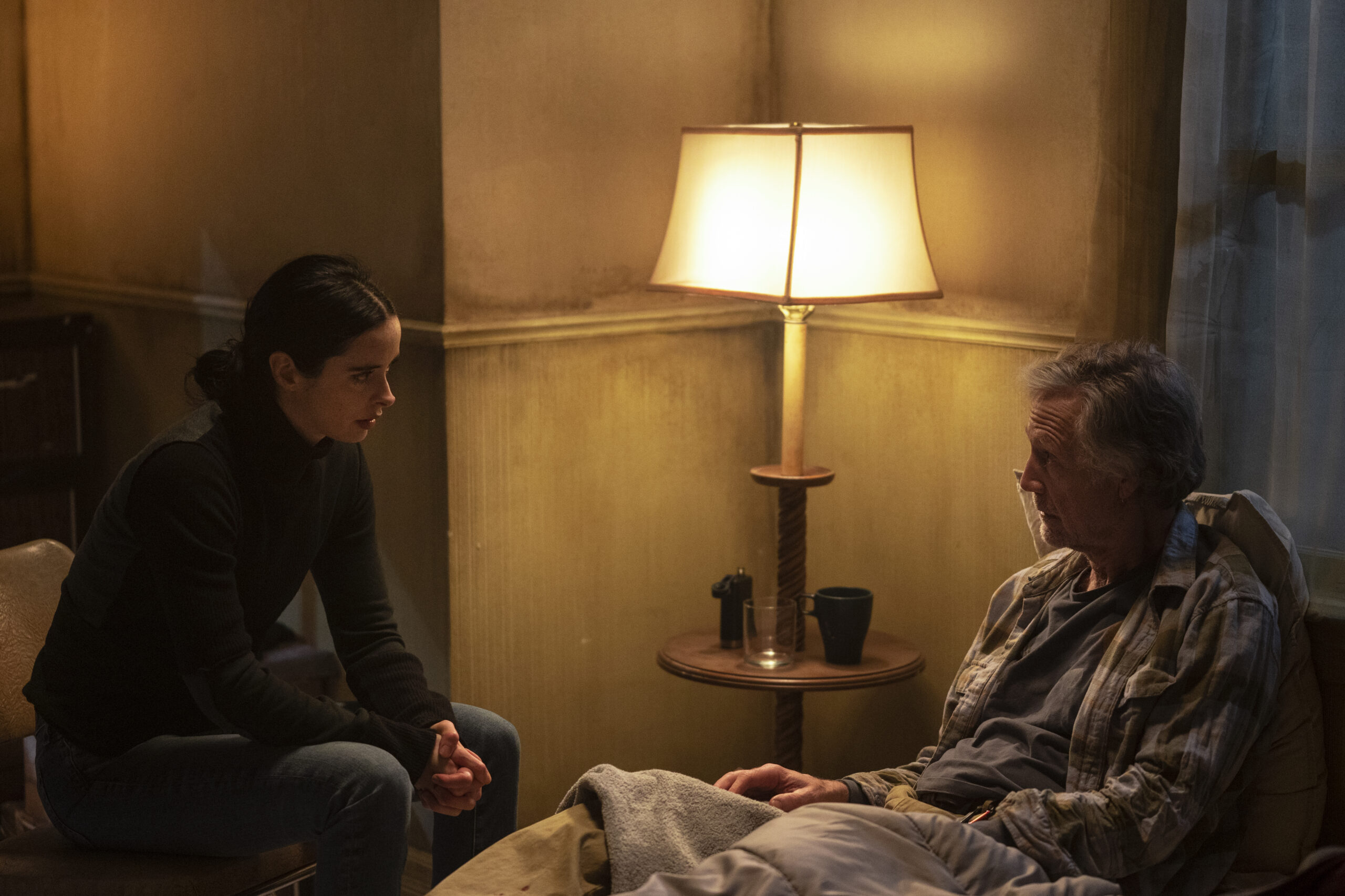 Still from Orphan Black: Echoes Season 1 Episode 9 of Krysten Ritter as Lucy and Jonathan Whittaker as Craig pictured from left to right.