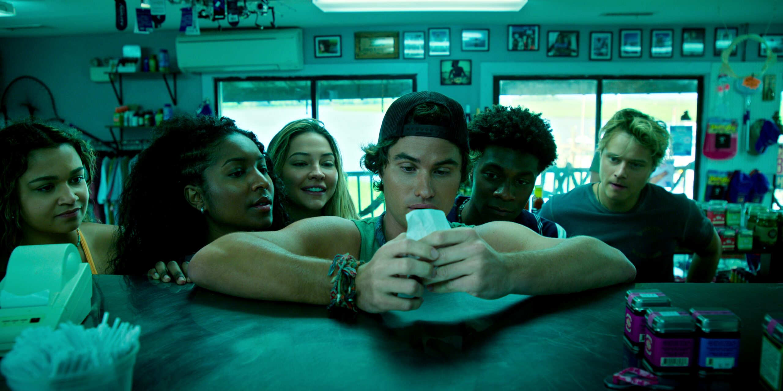 Outer Banks Season 4 Episode 1 -- Madison Bailey as Kiara, Carlacia Grant as Cleo, Madelyn Cline as Sarah Cameron, Chase Stokes as John B, Jonathan Daviss as Pope, Rudy Pankow as JJ | Tell-Tale TV Outer_Banks_u_S4_E1_00_02_54_02R