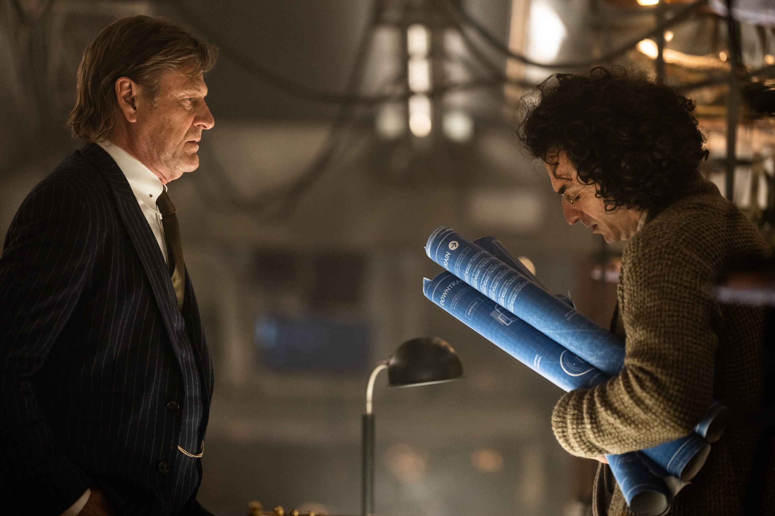 Still from Snowpiercer Season 4 Episode 5 of Sean Bean and Michael Aronov pictured from left to right.