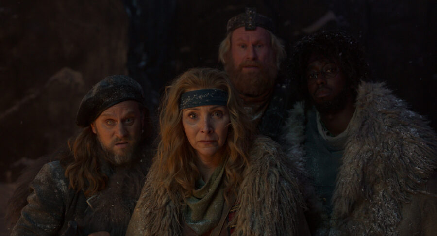 Still from Time Bandits Season 1 Episode 8 of Tadhg Murphy, Lisa Kudrow, Rune Temte and Roger Jean Nsengiyumva pictured from left to right.
