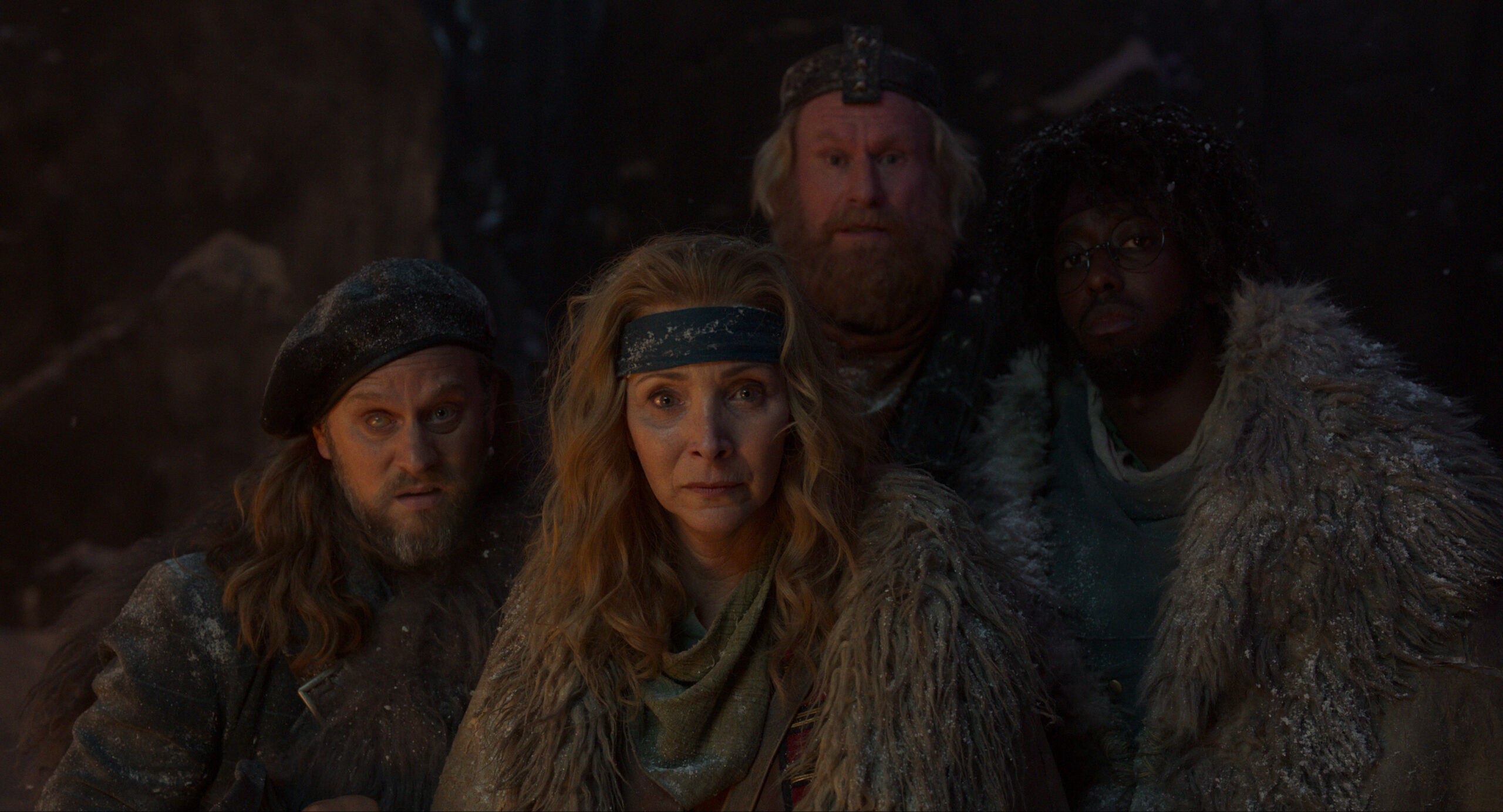 Time Bandits Season 1 Episode 8 - Tadhg Murphy, Lisa Kudrow, Rune Temte and Roger Jean Nsengiyumva | Tell-Tale TV Still from Time Bandits Season 1 Episode 8 of Tadhg Murphy, Lisa Kudrow, Rune Temte and Roger Jean Nsengiyumva pictured from left to right.