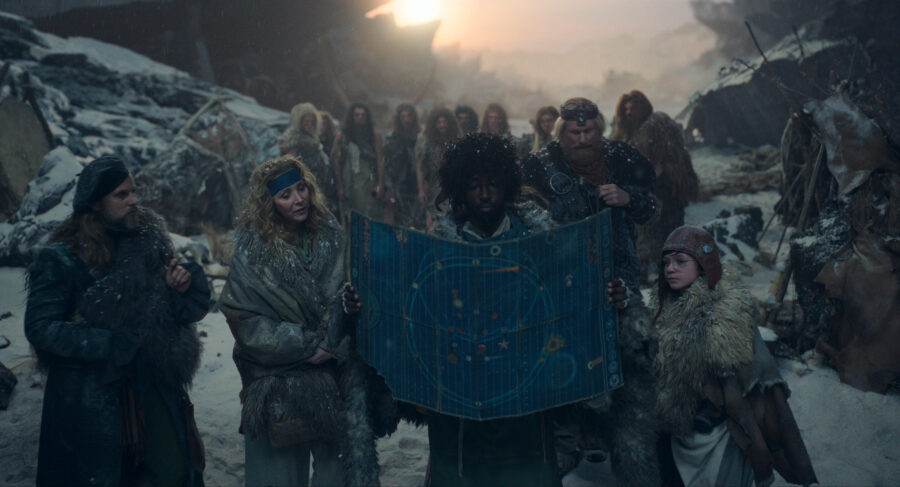 Still from Time Bandits Season 1 Episode 8 of Tadhg Murphy, Lisa Kudrow, Roger Jean Nsengiyumva, Rune Temte and Kal-El Tuck pictured from left to right.