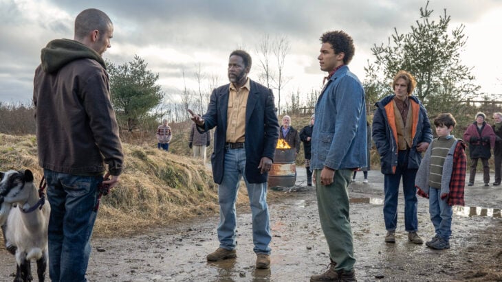 FROM Season 3 Episode 1, "Shatter." | A.J. Simmons, Harold Perrineau, Simon Webster, Scott McCord, and Corteon Moore standing in the middle of a muddy road