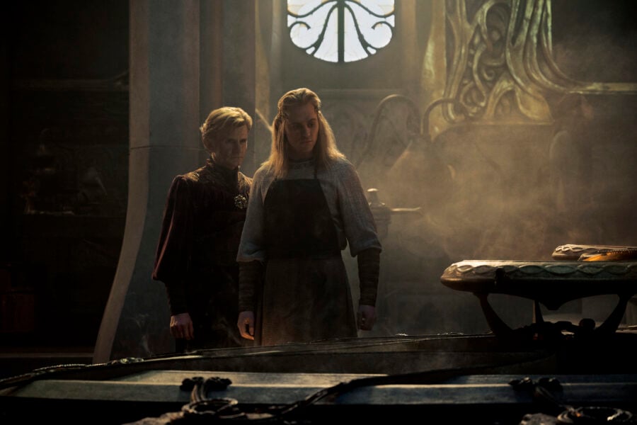 Still from The Lord of the Rings: The Rings of Power Season 2 of Charles Edwards as Celebrimbor and Charlie Vickers as Sauron pictured from left to right.