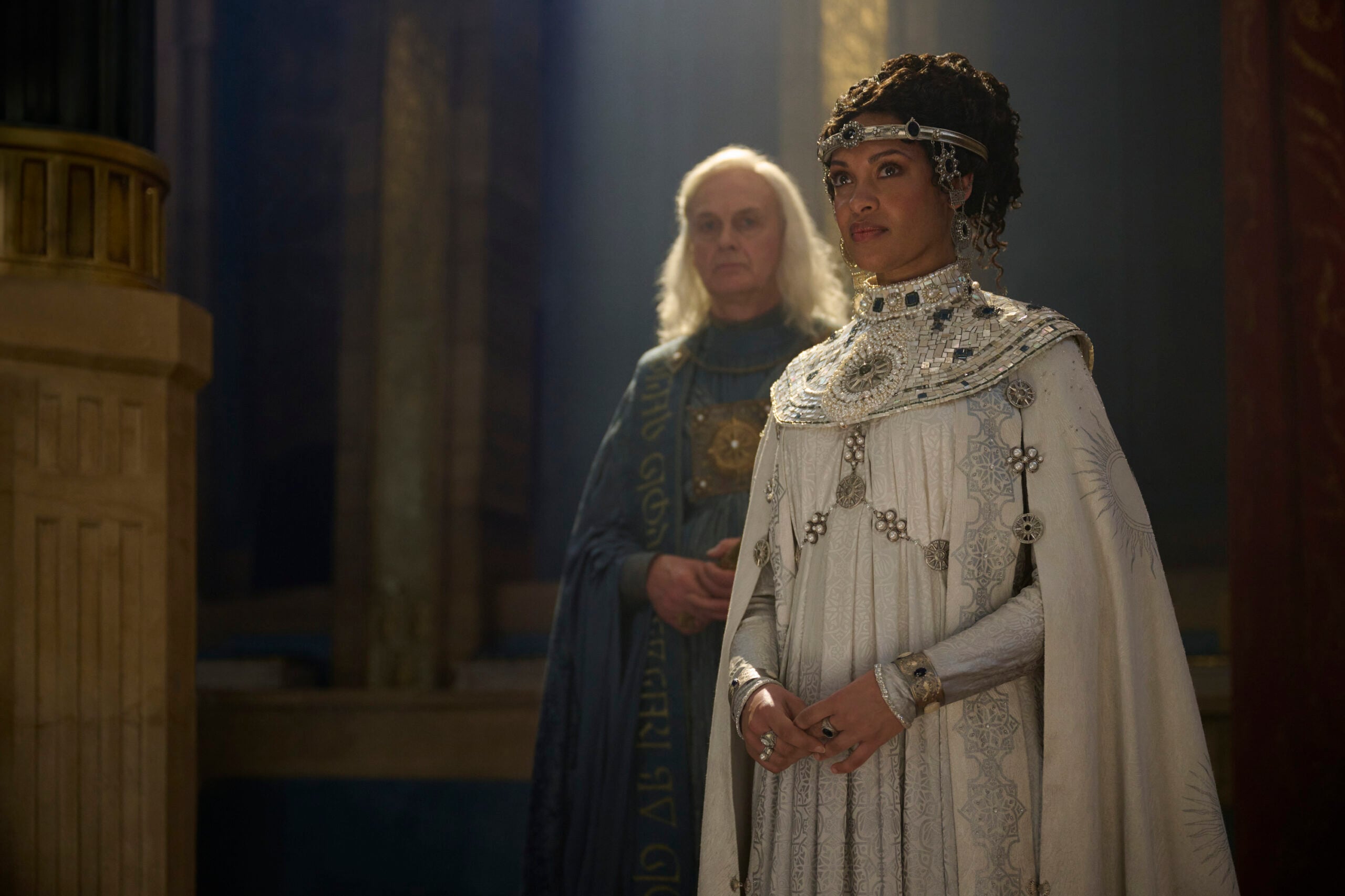 Still from The Lord of the Rings: The Rings of Power Season 2 of Cynthia Addai-Robinson as Queen Regent Míriel.