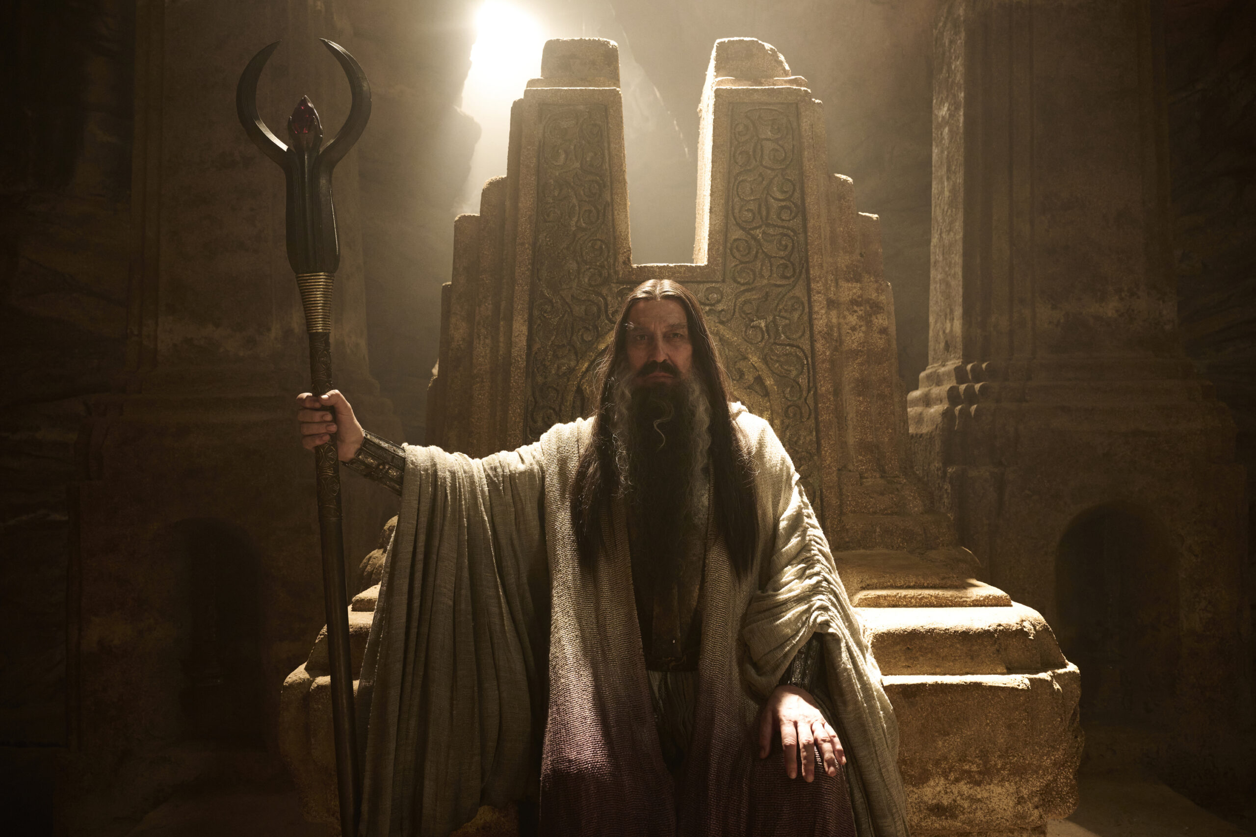 Still from The Lord of the Rings: The Rings of Power Season 2 of Ciarán Hinds as the "Dark Wizard."
