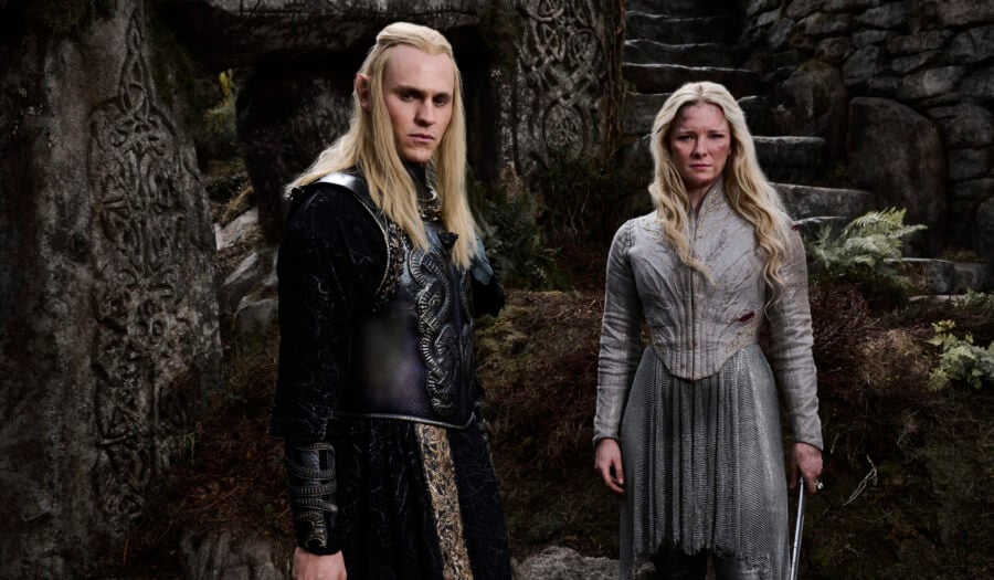 Still from The Lord of the Rings: The Rings of Power Season 2 of Charlie Vickers as Sauron and Morfydd Clark as Galadriel pictured from left to right.