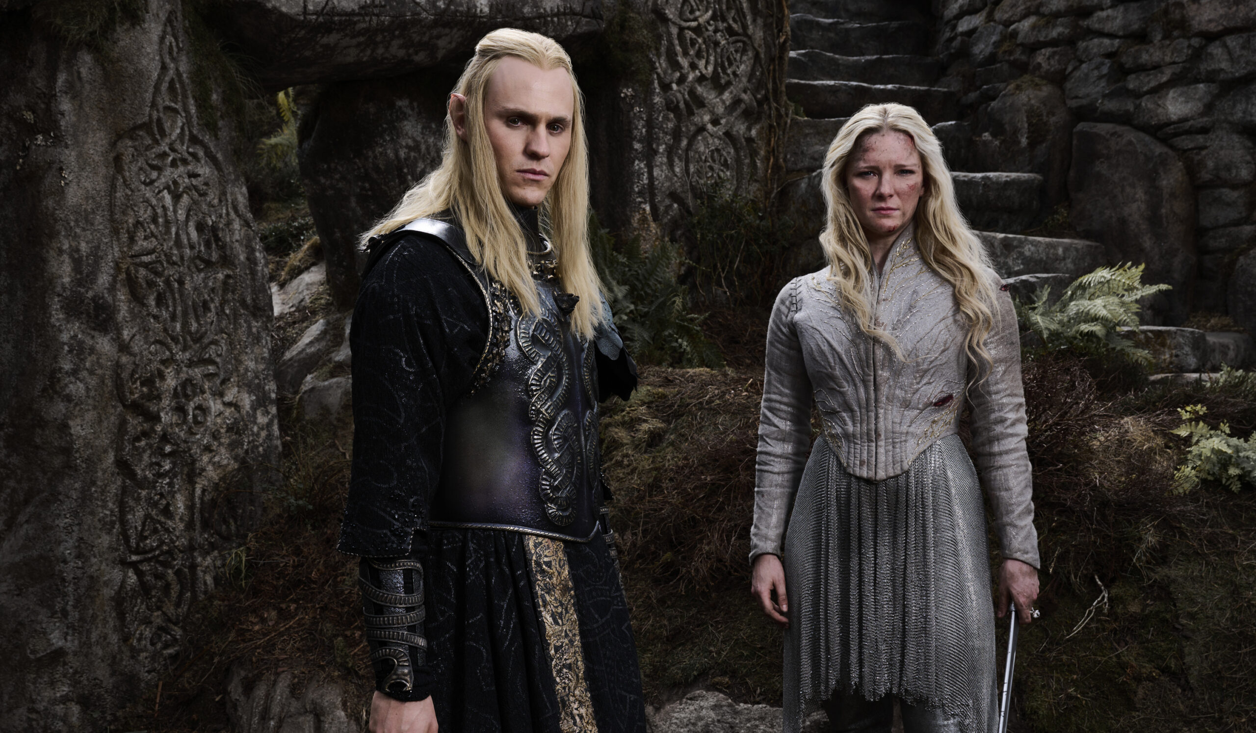 The Lord of the Rings: The Rings of Power Season 2 - Charlie Vickers as Sauron; Morfydd Clark as Galadriel | Tell-Tale TV Still from The Lord of the Rings: The Rings of Power Season 2 of Charlie Vickers as Sauron and Morfydd Clark as Galadriel pictured from left to right.