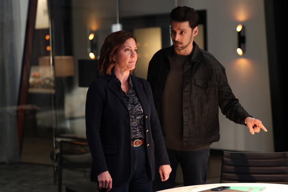 Still from Found Season 2 Episode 1 of Kelli Williams as Margaret, Karan Oberoi as Dahn pictured from left to right.