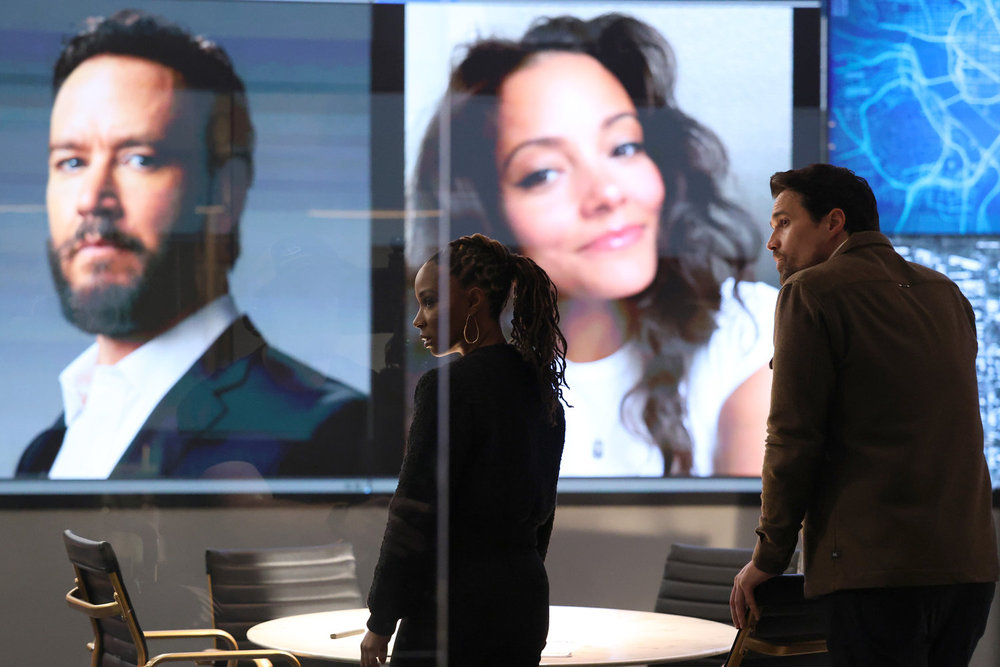 Still from Found Season 2 Episode 1 of Shanola Hampton as Gabi and Brett Dalton as Detective Mark Trent pictured from left to right.