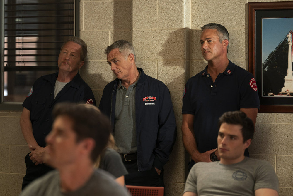 CHICAGO FIRE -- "A Monster In the Field" Episode 13001 -- Pictured: (l-r) Christian Stolte as Randy "Mouch" McHolland, David Eigenberg as Christopher Herrmann, Taylor Kinney as Kelly Severide -- (Photo by: Peter Gordon/NBC)
