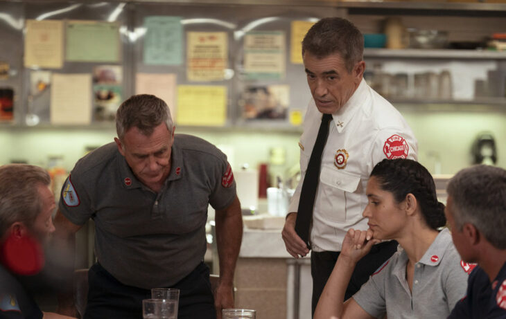 CHICAGO FIRE -- "A Monster In the Field" Episode 13001 -- Pictured: (l-r) David Eigenberg as Christopher Herrmann, Dermot Mulroney as Chief Dom Pascal, Miranda Rae Mayo as Stella Kidd -- (Photo by: Peter Gordon/NBC)
