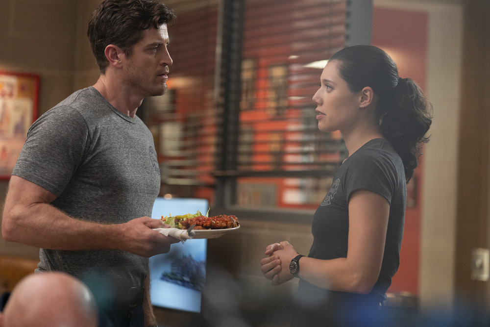 CHICAGO FIRE -- "A Monster In the Field" Episode 13001 -- Pictured: (l-r) Jake Lockett as Sam Carver, Hanako Greensmith as Violet Mikami -- (Photo by: Peter Gordon/NBC)