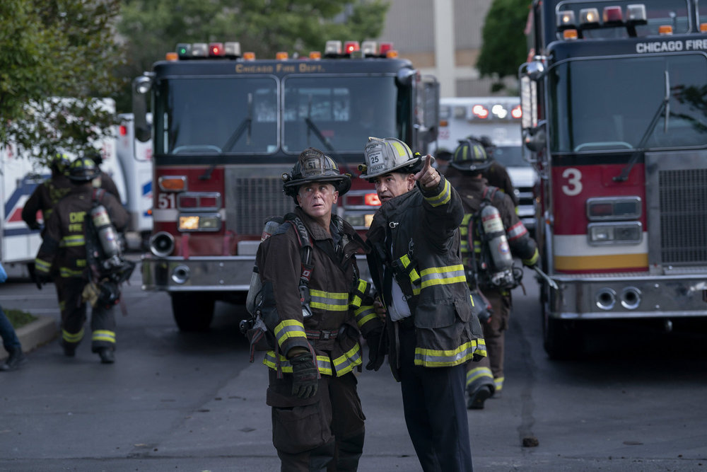 CHICAGO FIRE -- "A Monster In the Field" Episode 13001 -- Pictured: (l-r) David Eigenberg as Christopher Herrmann, Dermot Mulroney as Chief Dom Pascal -- (Photo by: Peter Gordon/NBC)