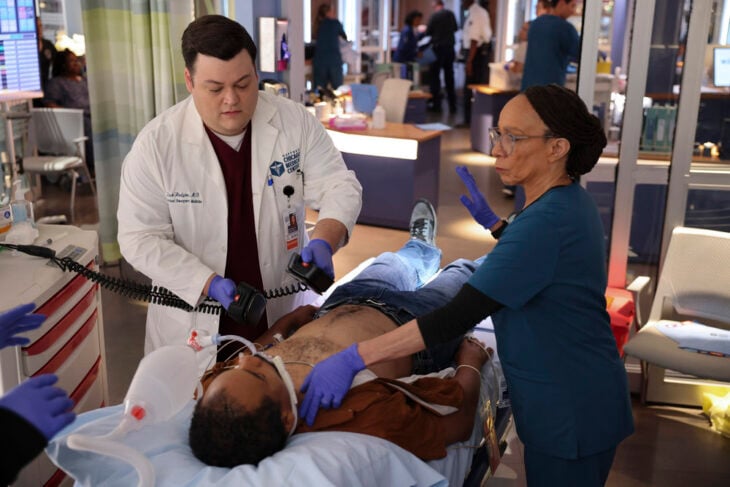 CHICAGO MED -- "Sink or Swim" Episode 1001 -- Pictured: (l-r) Conor Perkins as Dr. Zach Hudgins, S. Epatha Merkerson as Sharon Goodwin
