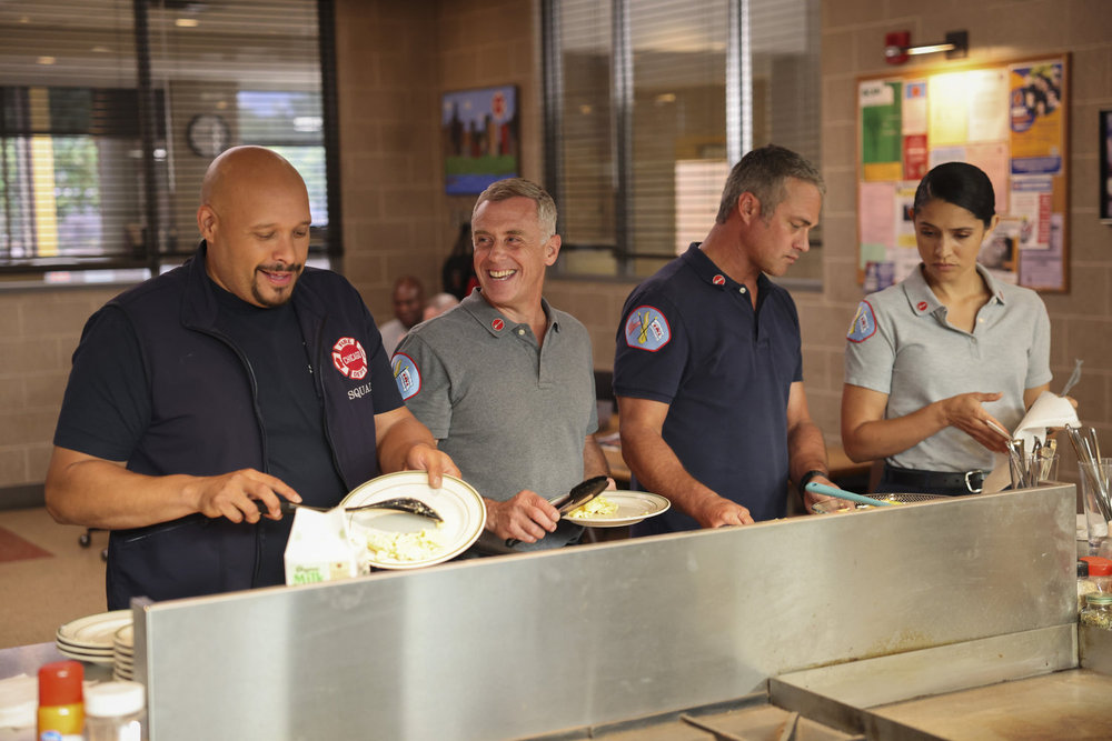 CHICAGO FIRE -- "Ride the Blade" Episode 13002 -- Pictured: (l-r) Joe Miñoso as Joe Cruz, David Eigenberg as Christopher Herrmann, Taylor Kinney as Kelly Severide, Miranda Rae Mayo as Stella Kidd