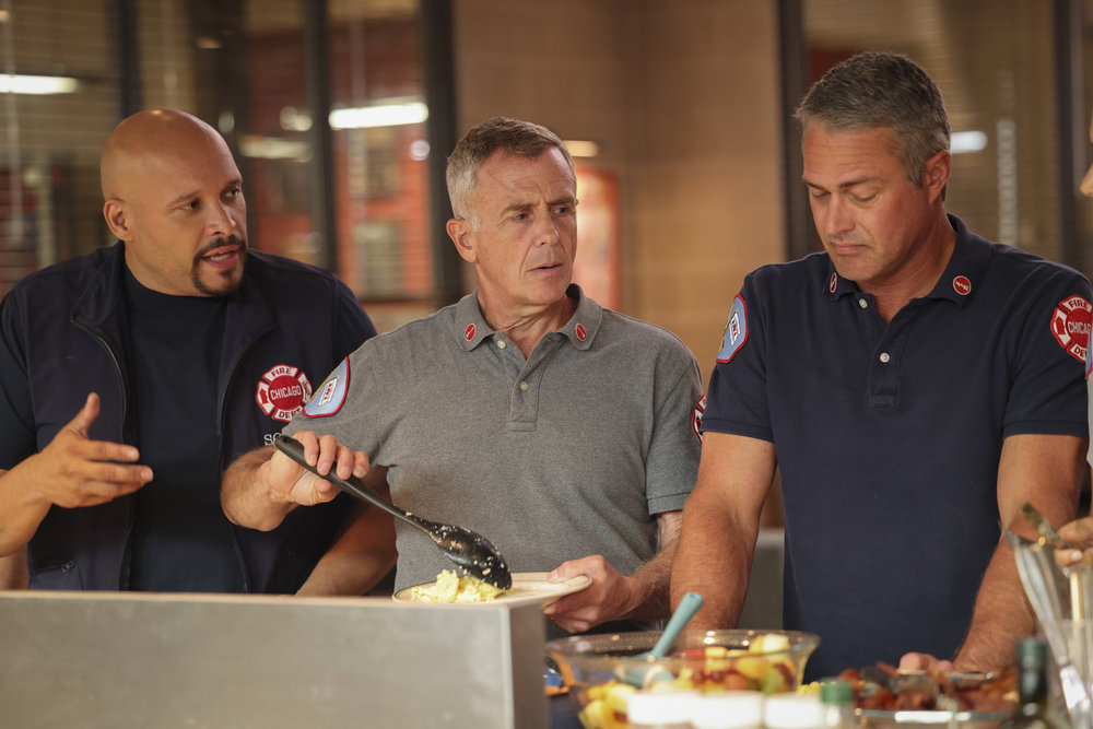CHICAGO FIRE -- "Ride the Blade" Episode 13002 -- Pictured: (l-r) Joe Miñoso as Joe Cruz, David Eigenberg as Christopher Herrmann, Taylor Kinney as Kelly Severide