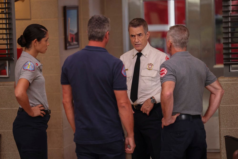 CHICAGO FIRE -- "Ride the Blade" Episode 13002 -- Pictured: (l-r) Miranda Rae Mayo as Stella Kidd, Dermot Mulroney as Chief Dom Pascal