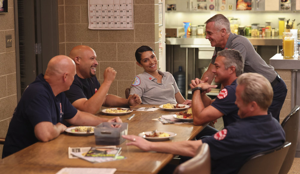 CHICAGO FIRE -- "Ride the Blade" Episode 13002 -- Pictured: (l-r) Joe Miñoso as Joe Cruz, Miranda Rae Mayo as Stella Kidd, David Eigenberg as Christopher Herrmann, Taylor Kinney as Kelly Severide