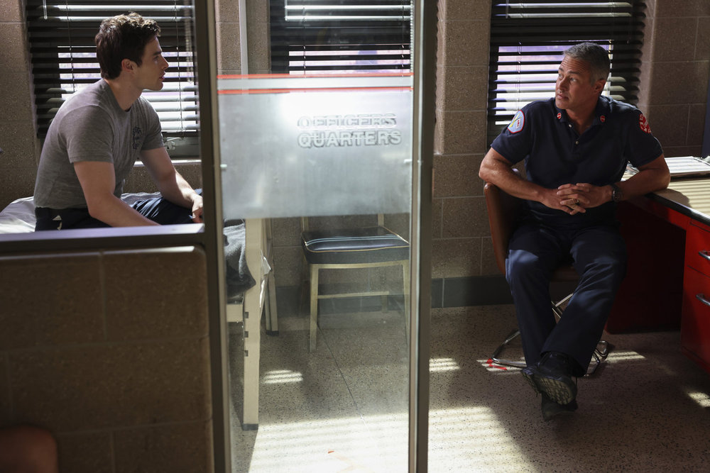 CHICAGO FIRE -- "Ride the Blade" Episode 13002 -- Pictured: (l-r) Michael Bradway as Damon, Taylor Kinney as Kelly Severide