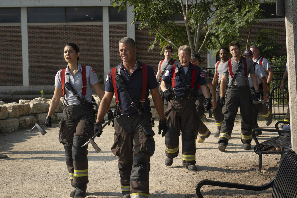 CHICAGO FIRE -- "Ride the Blade" Episode 13002 -- Pictured: (l-r) Miranda Rae Mayo as Stella Kidd, Taylor Kinney as Kelly Severide, Michael Bradway as Damon, Christian Stolte as Randy "Mouch" McHolland, Daniel Kyri as Darren Ritter, Jake Lockett as Sam Carver