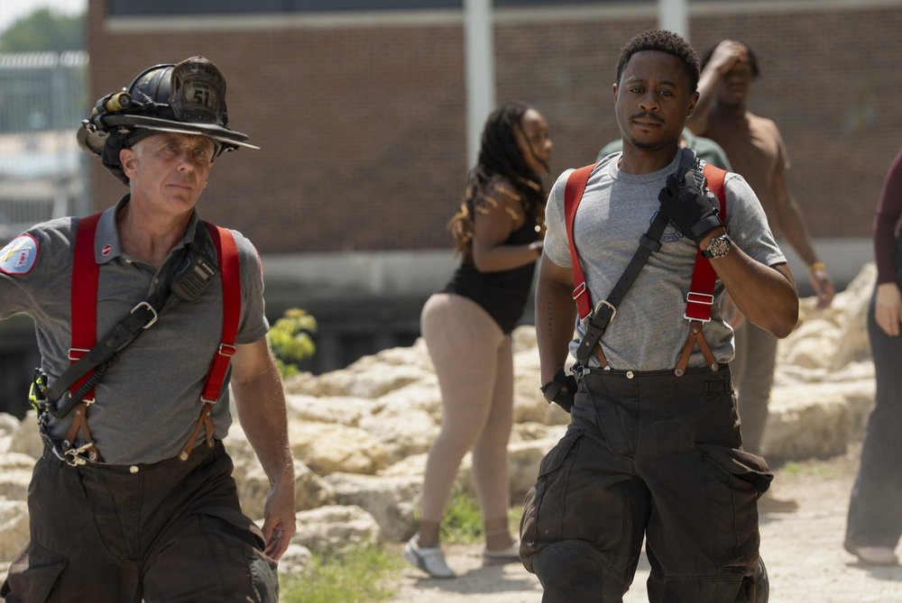 CHICAGO FIRE -- "Ride the Blade" Episode 13002 -- Pictured: (l-r) David Eigenberg as Christopher Herrmann, Daniel Kyri as Darren Ritter