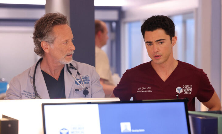 CHICAGO MED -- "Bite Your Tongue" Episode 1002 -- Pictured: (l-r) Steven Weber as Dr. Dean Archer, Darren Barnet as Dr. John Frost