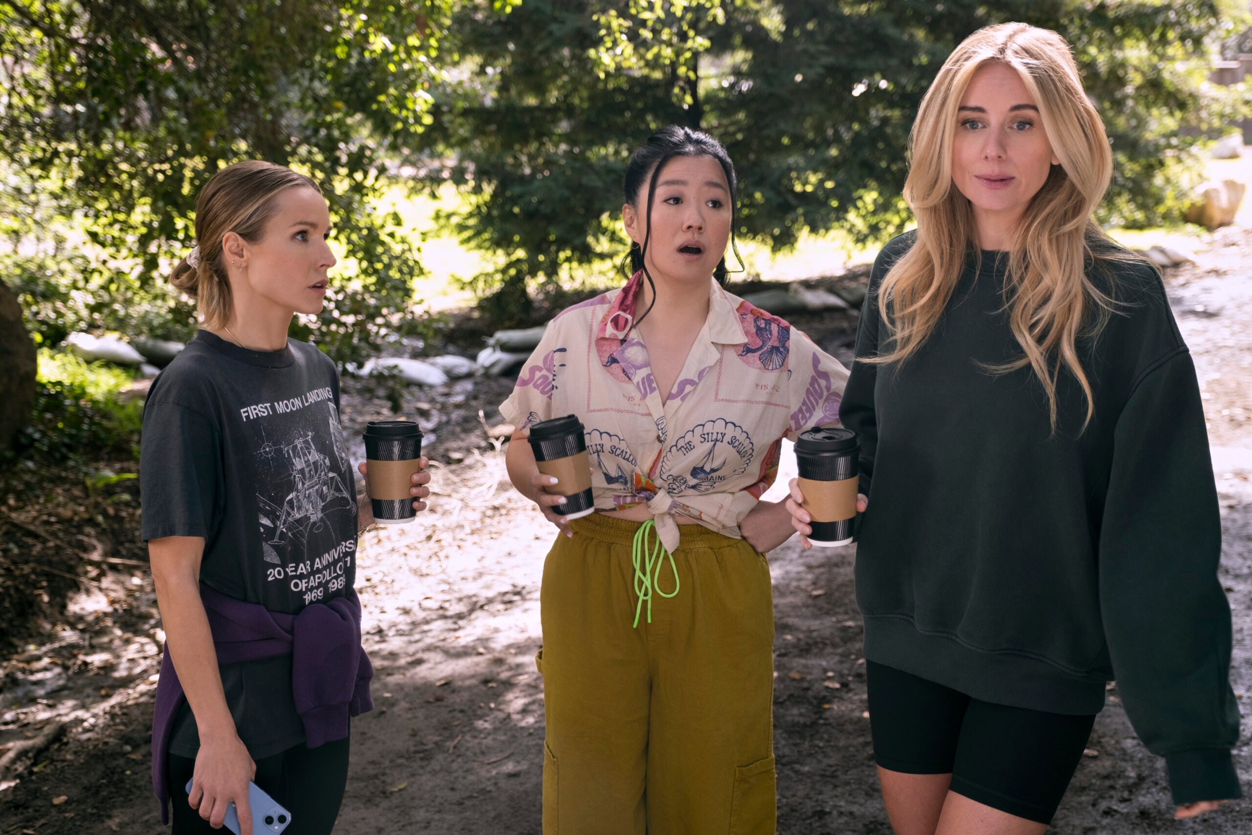 Still from Nobody Wants This Season 1 Episode 5 of Kristen Bell as Joanne, Sherry Cola as Ashley, and Justine Lupe as Morgan pictured from left to right.