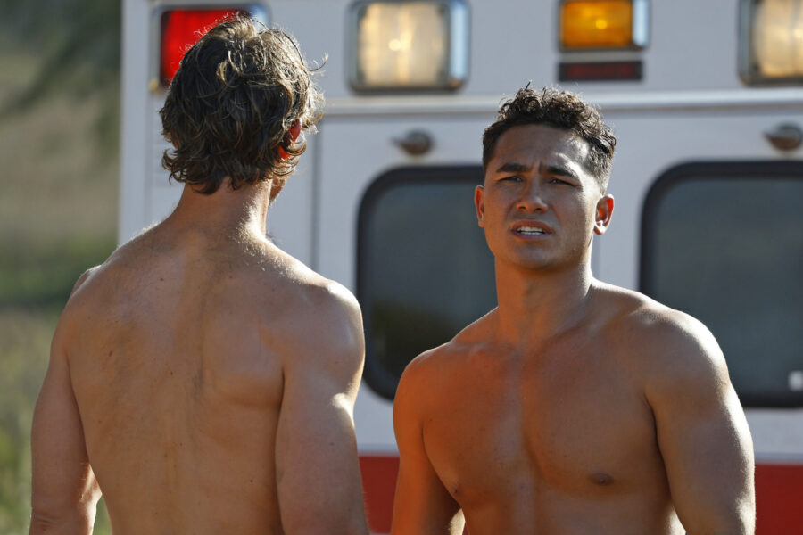RESCUE: HIGH SURF Season 1 Episode 3 - Adam Demos and Kekoa Kekumano | Tell-Tale TV Still from RESCUE: HIGH SURF Season 1 Episode 3 of Adam Demos and Kekoa Kekumano pictured from left to right.