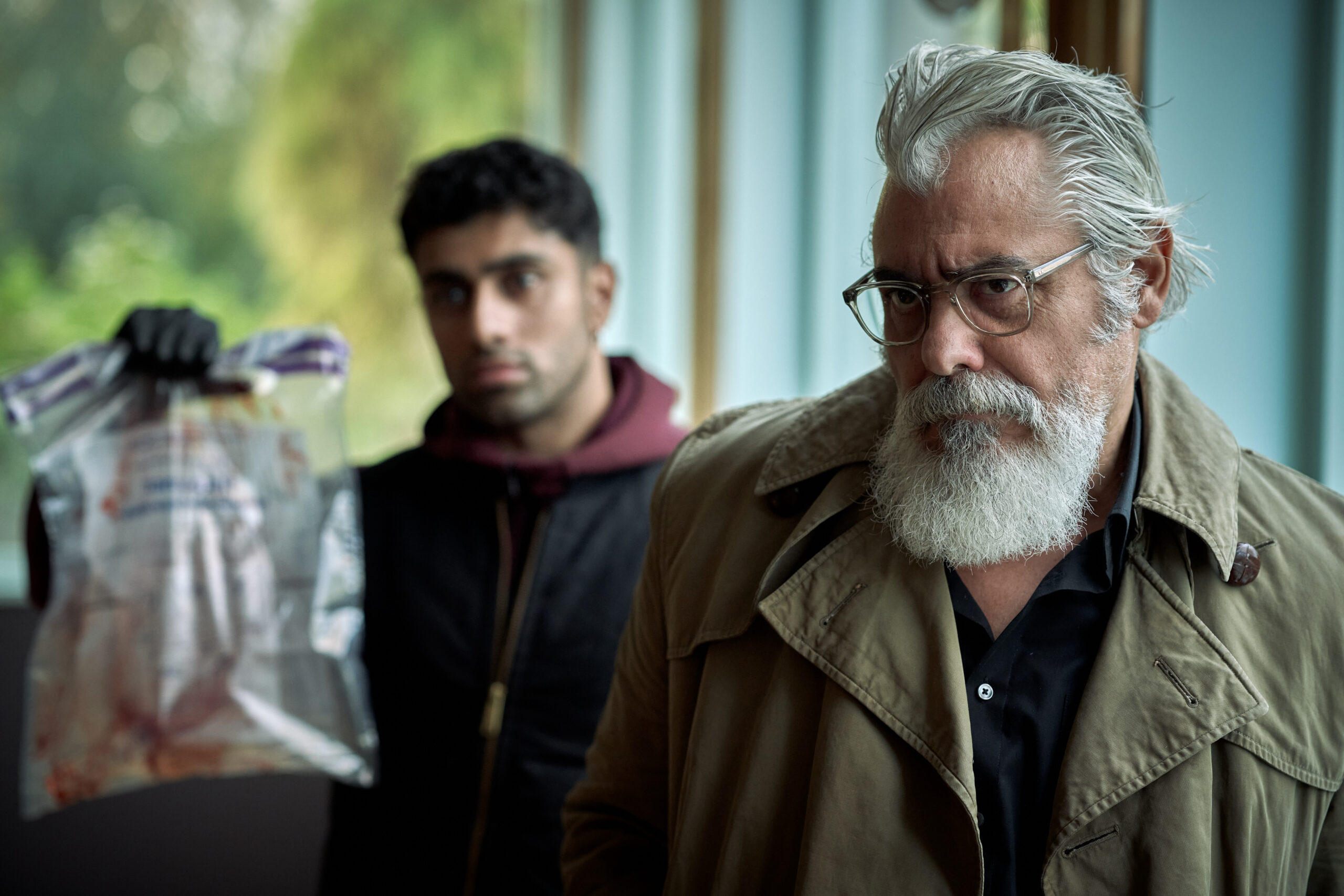 Still from Van der Valk Season 4 Episode 3 of Azan Ahmed as Eddie Suleman and Darrell D'Silva as Hendrik Davie pictured from left to right.