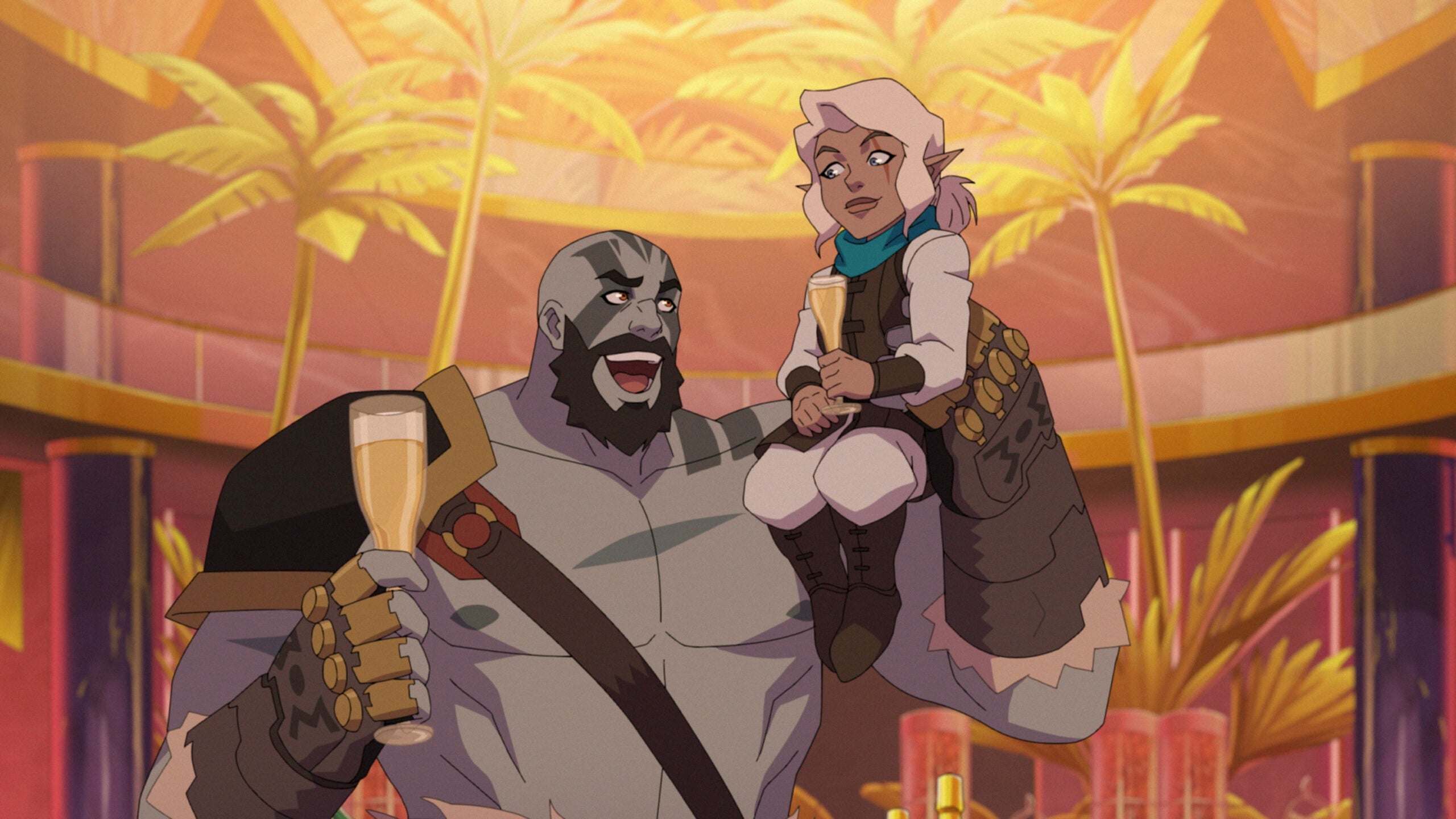 Still from The Legend of Vox Machina Season 3 of Grog Strongjaw and Pike Trickfoot pictured from left to right.