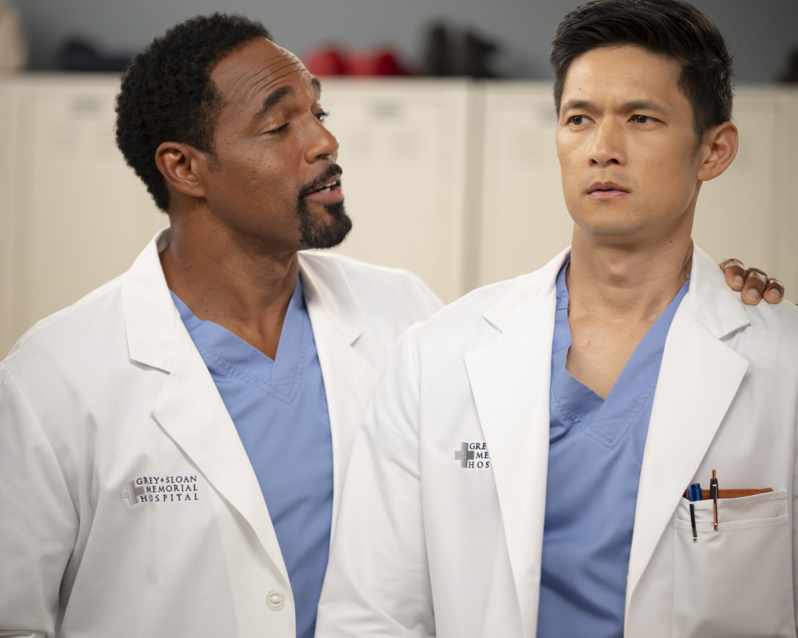 Grey's Anatomy Season 21 Episode 5, "You Make My Heart Explode." JASON GEORGE, as Ben, HARRY SHUM JR. as Kwan.