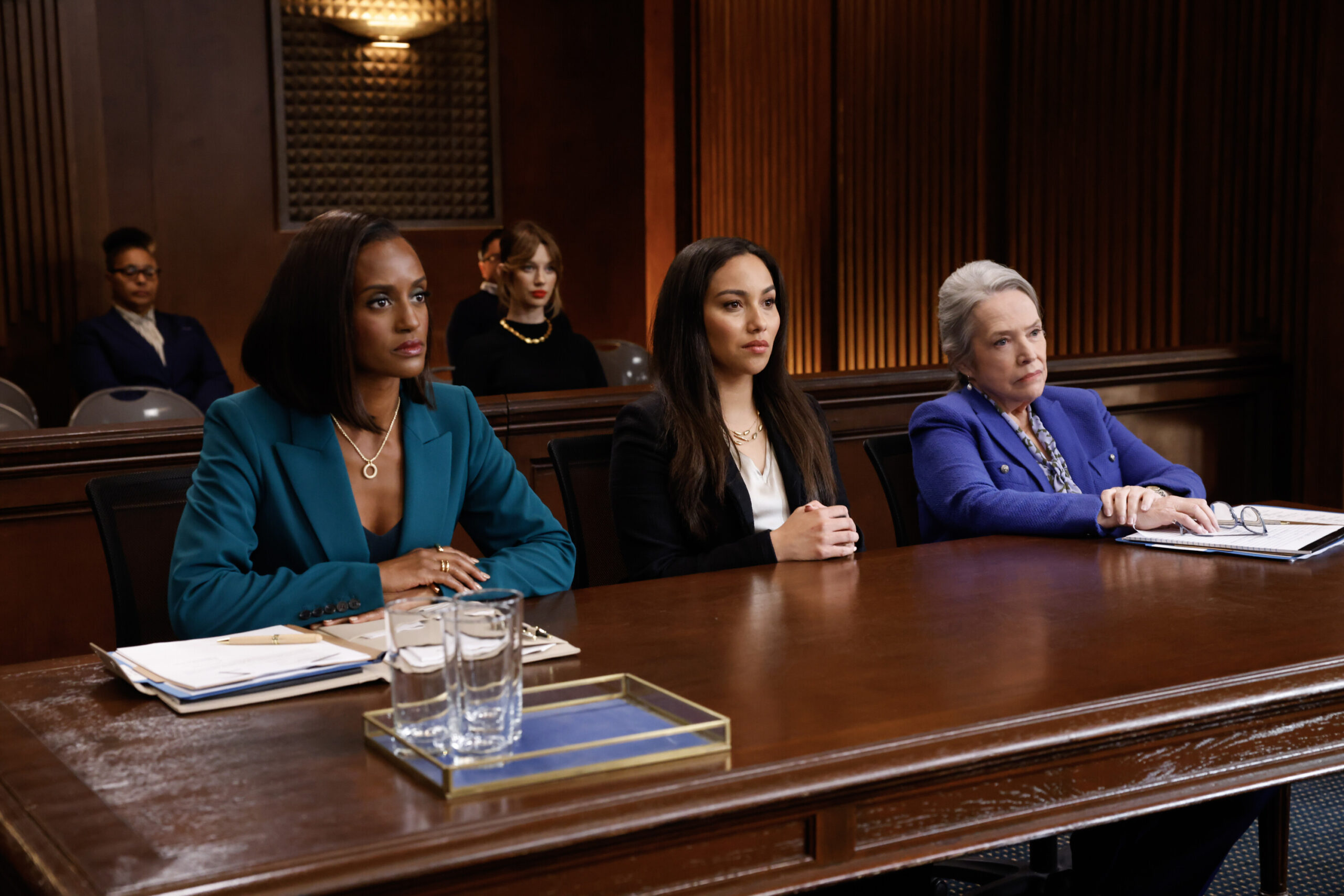 Matlock Season 1 Episode 3 - Skye P. Marshall, Yael Grobglas and Kathy Bates | Tell-Tale TV Still from Matlock Season 1 Episode 2 of Skye P. Marshall as Olympia Lawrence, Yael Grobglas as Shae, and Kathy Bates as Madeline Matlock pictured from left to right.