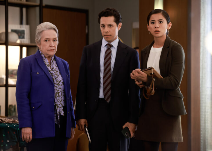 Still from Matlock Season 1 Episode 3 of Kathy Bates as Madeline Matlock, David Del Rio as Billy Martinez, and Leah Lewis as Sarah Franklin pictured from left to right.