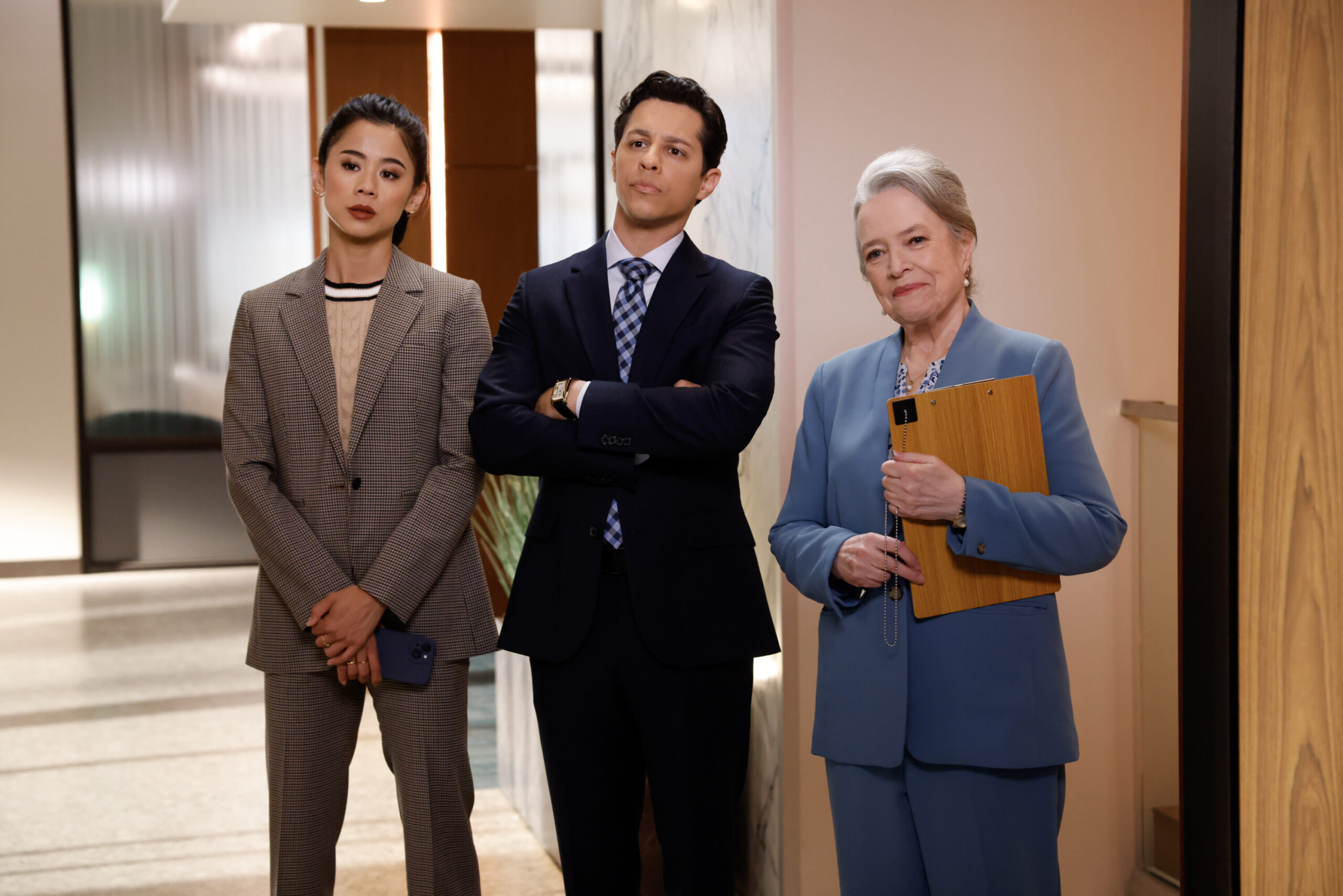 Matlock Season 1 Episode 4 - Leah Lewis, David Del Rio, and Kathy Bates | Tell-Tale TV Still from Matlock Season 1 Episode 4 of Leah Lewis as “Sarah Franklin”, David Del Rio as “Billy Martinez”, and Kathy Bates as “Madeline Matlock" Pictured from left to right.
